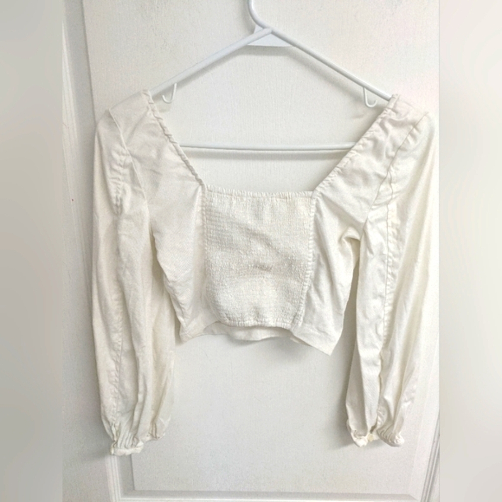 Aritzia Babaton Hadwyn women's crop cream blouse linen and cotton size XXS - Picture 4 of 13